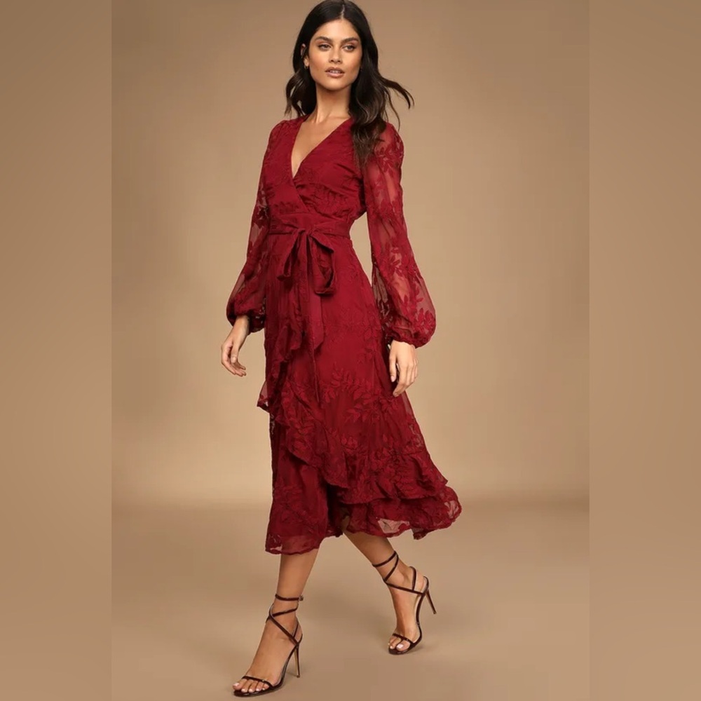 Lulu's Red Ruffled Wrap Midi Dress